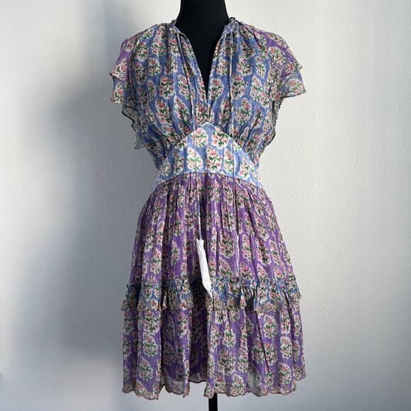 Hemant & Nandita Hera Dress Large Short Sleeve Tiered Georgette Mini - Picture 1 of 16